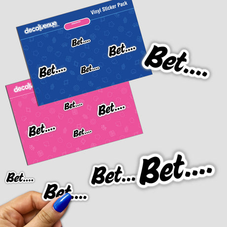 Hand displaying Bet-in black sticker pack, featuring diverse designs, available as both stickers and digital artwork.