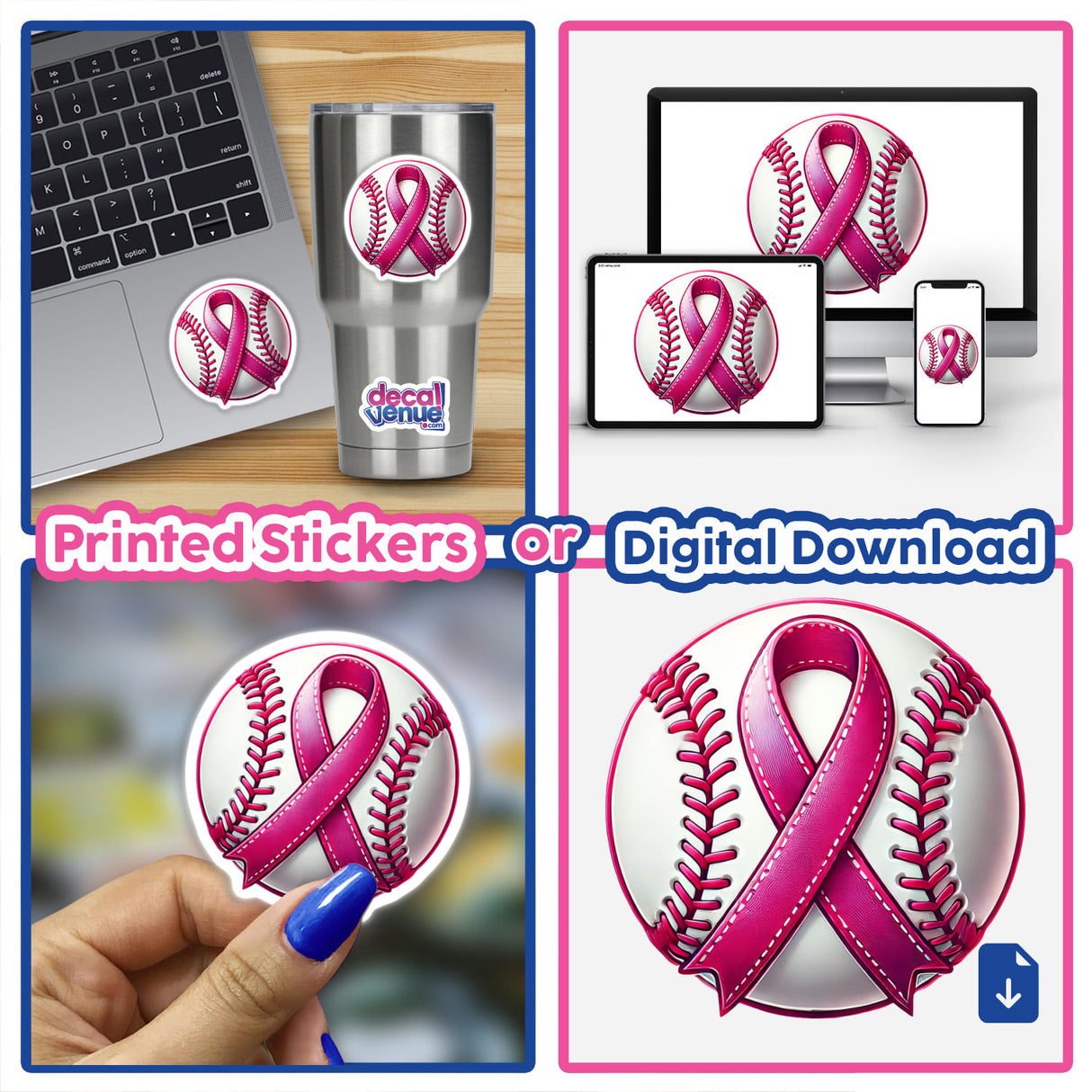 Collage featuring the Baseball Pink Ribbon Breast Cancer design, with close-ups of a baseball adorned with a pink ribbon, available as stickers or digital artwork.