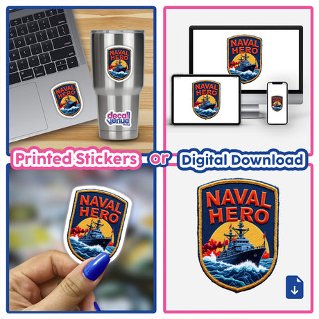 Collage featuring 0004 - NAVAL HERO decals on laptops and close-ups of patches with ship designs, highlighting their intricate details. Available as stickers or digital artwork from Decal Venue.