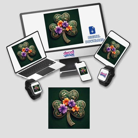 Elegant Gold Filigree Shamrock with Vibrant Four-Leaf Clovers on a computer screen, laptop, and smartwatch display, offered as stickers or digital artwork for St. Patrick’s Day by Decal Venue.