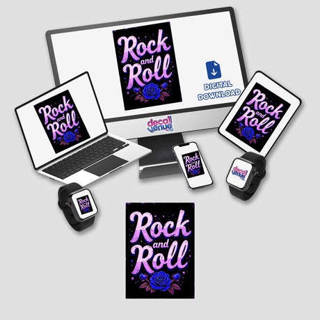 Rock And Roll Roses digital artwork featuring a computer monitor, laptop, tablet, and smartphone, each displaying the distinctive rose design, available as stickers or digital downloads.