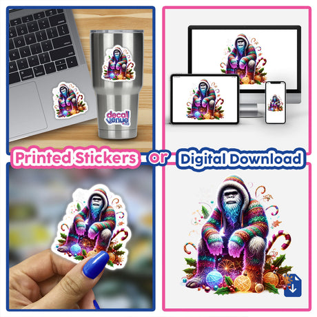 Vibrant digital artwork featuring a colorful Sasquatch wearing a festive Christmas sweater, surrounded by whimsical mushrooms and foliage. Available as printed stickers or digital download from Decal Venue, an online store offering unique stickers and digital art from talented designers.