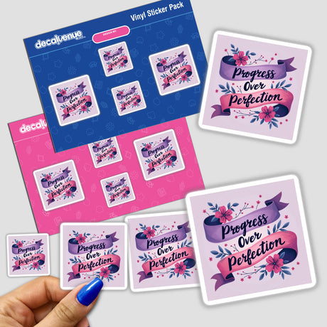 Hand holding a Progress Over Perfection sticker pack featuring motivational affirmations for mental health.