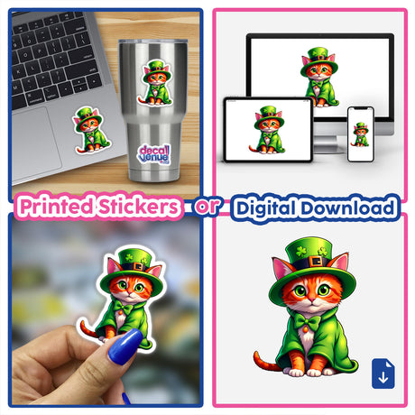 St. Patrick's Day Kitten sticker on a laptop, featuring a cartoon cat in a green hat and coat. Available as stickers or digital artwork from Decal Venue.