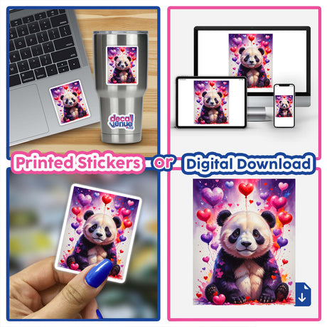 A collage featuring a laptop adorned with A Cute Panda Bear With Love Hearts sticker, showcasing a panda surrounded by hearts, available as stickers or digital artwork from Decal Venue.