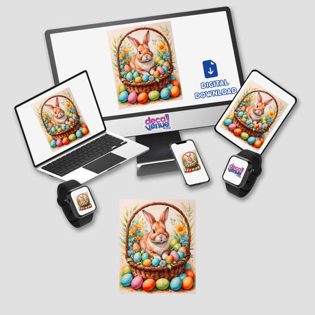 A computer monitor and laptop display A Cute Easter Bunny In A Basket With Eggs, showcasing Decal Venue's unique vinyl stickers or digital artwork option.