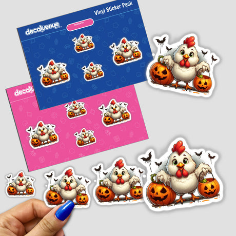 Halloween Chicken Trick or Treater: Stickers featuring cartoon chickens with pumpkin baskets, surrounded by pumpkins and bats. Available as stickers or digital artwork.