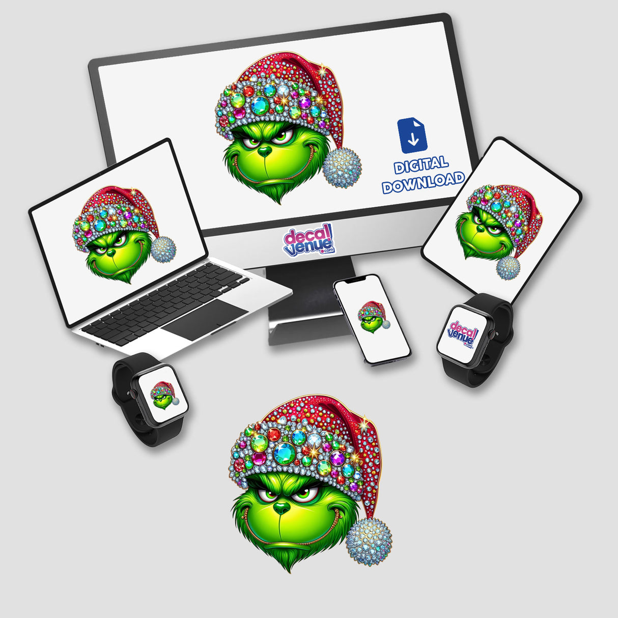 Green Grouch Christmas Face with Jeweled Santa Hat III displayed on multiple screens, showcasing its versatility as stickers or digital artwork, featuring the grinch-like character with jeweled hat details.