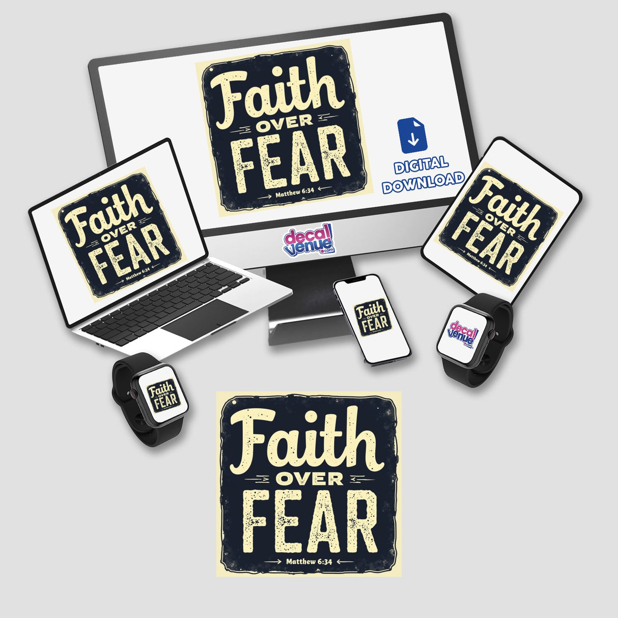 Faith Over Fear – Inspired by Matthew 6:34, a Uplifting Christian Affirmation Sticker or Clipart, featuring a computer monitor displaying a logo and a smartphone, available at Decal Venue.