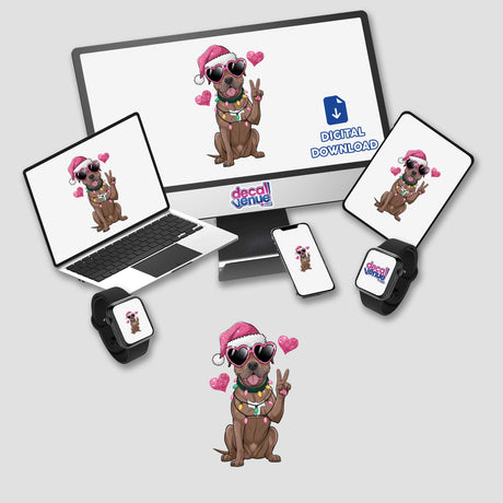 Christmas Santa Pitbull Dog Peace Sign sticker or digital artwork displayed on a computer monitor and laptop, featuring a cartoon dog wearing a Santa hat and sunglasses.