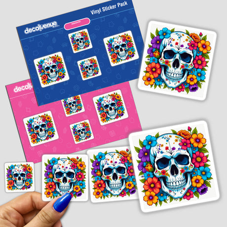 Pretty Skeletons sticker pack featuring intricate skull designs adorned with flowers and leaves, available as unique vinyl stickers or digital artwork from Decal Venue.