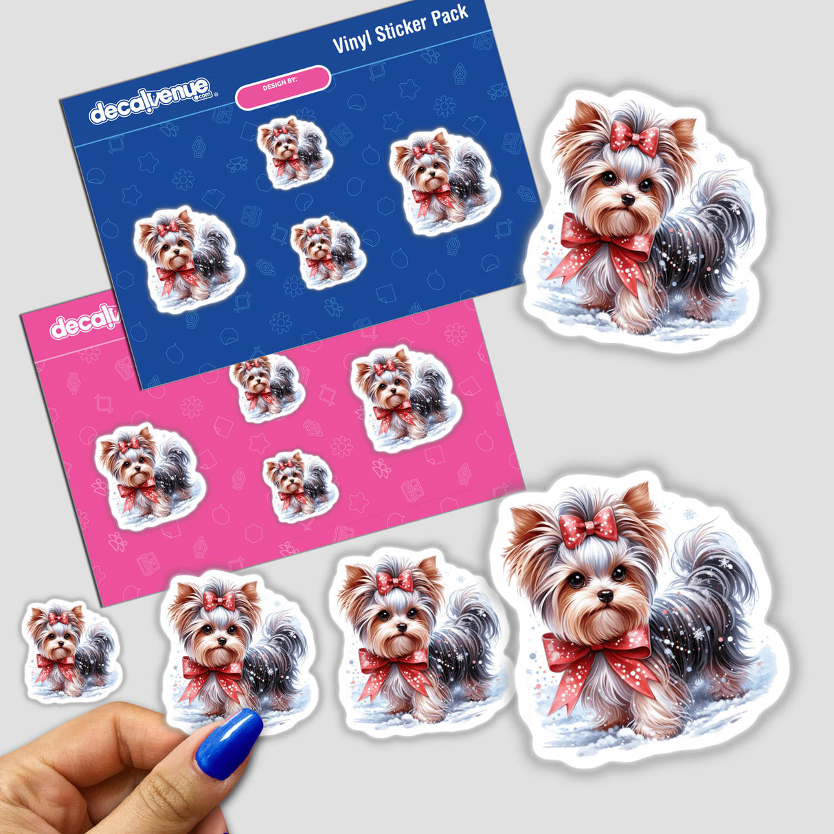 Winter Baby Watercolor Yorkie Dog stickers featuring cute Yorkie illustrations with bows. Available as stickers or digital artwork, perfect for adding a unique touch to your items.