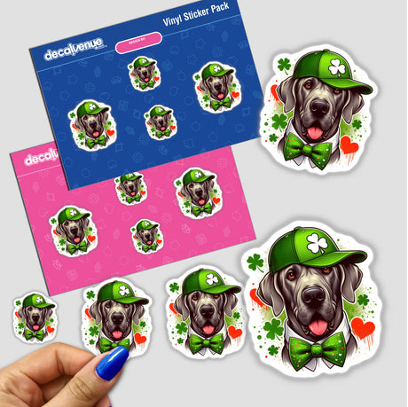 Clovers and Hearts Great Dane Dog sticker featuring a Great Dane in a hat and bow tie, embodying Decal Venue's unique vinyl sticker and digital art offerings.