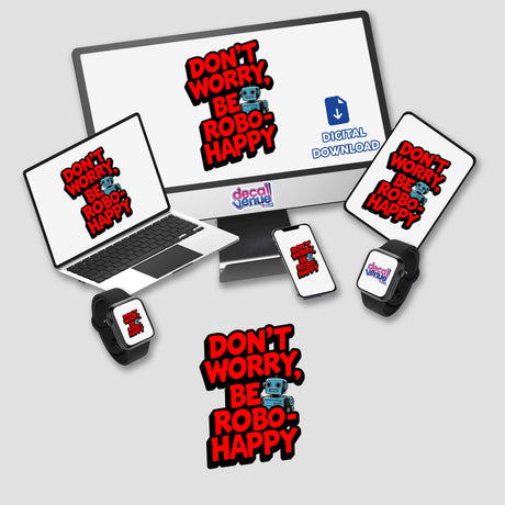 Don't Worry Be Robo-Happy Funny Quote displayed on a computer monitor and laptop, featuring a blue robot with red text. Available as stickers or digital artwork from Decal Venue.