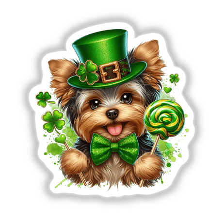 St Patricks Yorkie Dog Holding Lollipop sticker or digital artwork features a cartoon dog in a hat and bow tie, holding a lollipop, embodying Decal Venue's unique art style.