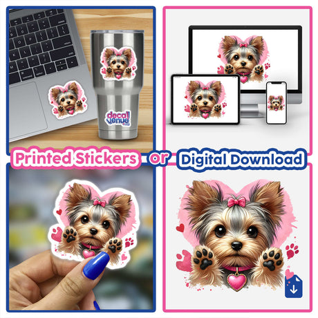 Watercolor Heart Yorkie Dog Paws transparent sticker collage, featuring a Yorkie with pink bow and paws, ideal for laptops or cups, available as stickers or digital artwork.