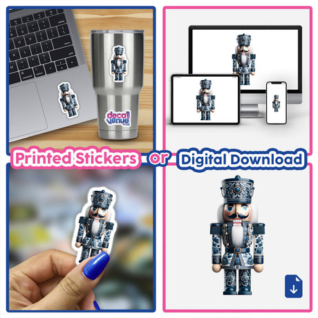 Chinoiserie Nutcracker Soldier sticker collage featuring detailed close-ups, showcasing its intricate design on items like a tumbler and laptop, available as stickers or digital artwork.