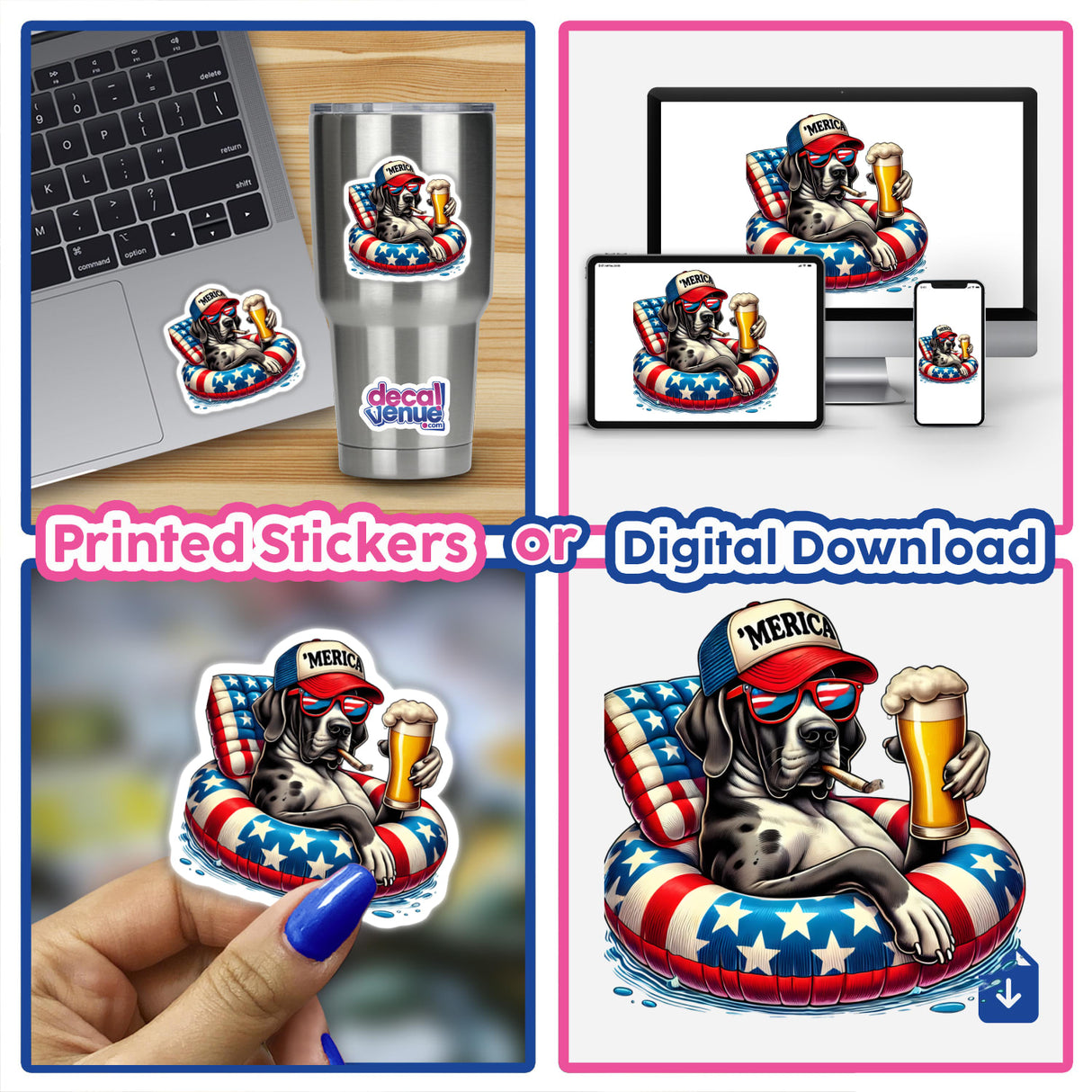 Great Dane Dog American Flag Float Merica sticker collage, featuring dogs on a computer, in a pool with hats, sunglasses, and beer, and on laptops and cups.