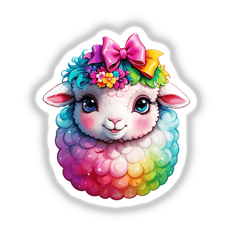 Adorable Fluffy Sheep with Pink Bow: Rainbow Colors Sticker featuring a cute cartoon sheep adorned with flowers and a pink bow, perfect for adding a whimsical touch to any surface.