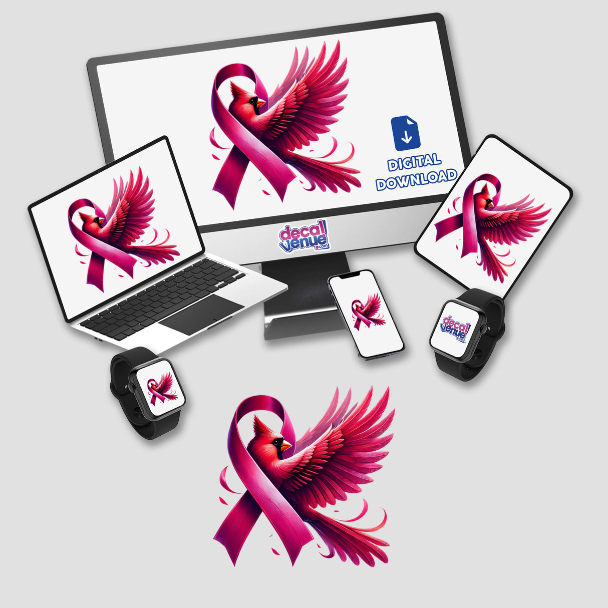 Cardinal Bird Pink Ribbon Breast Cancer stickers or digital artwork featuring a pink-ribboned bird on a laptop screen, computer monitor, mouse pad, and smartwatch.