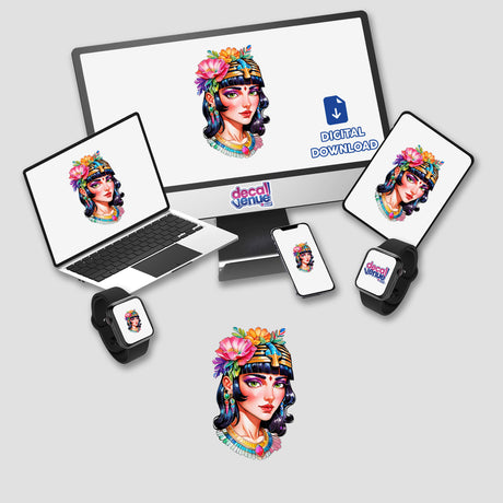 Alluring Egyptian Queen digital artwork displayed on a computer monitor and laptop, featuring a woman with flowers in her hair, available as stickers or digital downloads.