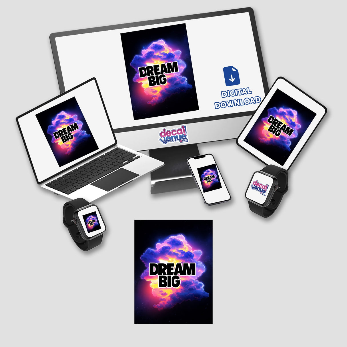 Dream Big Cosmic Cloud Design featuring a computer monitor, laptop, and phone displaying digital artwork of colorful clouds, available as stickers or digital art from Decal Venue.