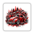 Artistic illustration of a bright red Volkswagen Beetle car with an urban cityscape background. The design features bold, vibrant colors and abstract, stylized elements, creating a dynamic and eye-catching digital artwork.