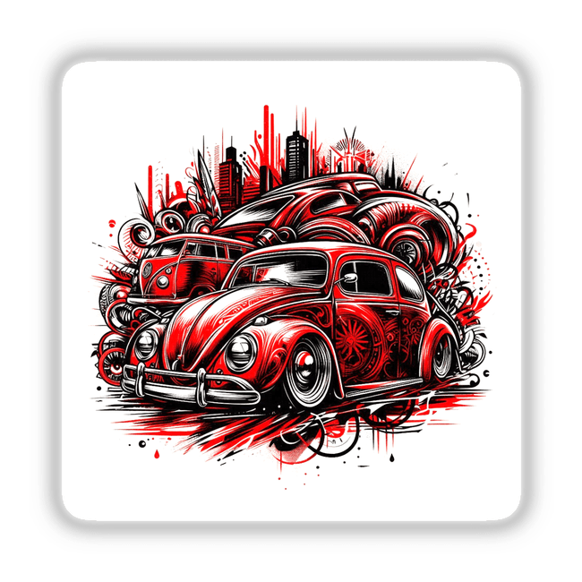 Artistic illustration of a bright red Volkswagen Beetle car with an urban cityscape background. The design features bold, vibrant colors and abstract, stylized elements, creating a dynamic and eye-catching digital artwork.