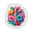 Sticker featuring a candycane surrounded by vibrant flowers. Available as a sticker or digital artwork.