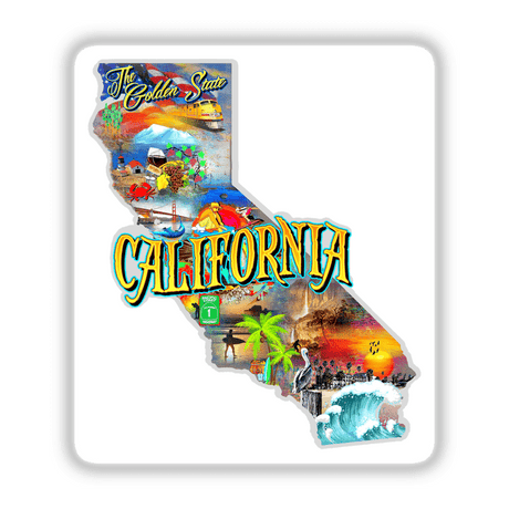 Colorful digital artwork depicting the state of California, featuring iconic landmarks, natural landscapes, and cultural symbols.