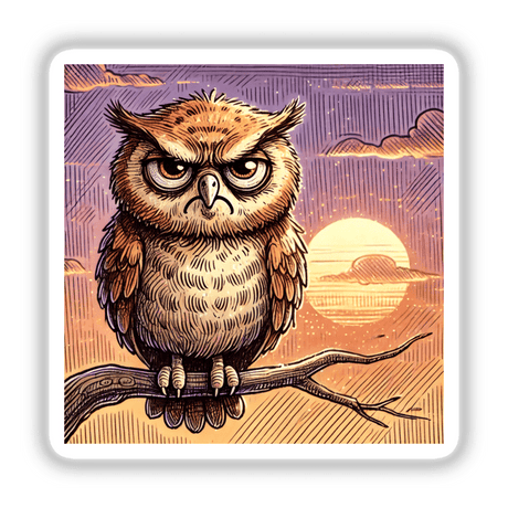 Grumpy Owl at Sunset digital artwork depicting an owl with a sad expression sitting on a branch. Available as stickers or digital art from Decal Venue.