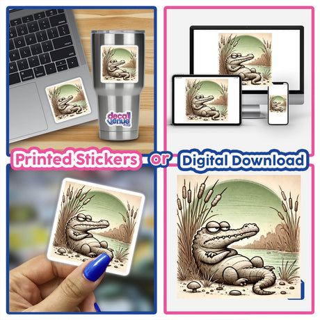 A collage showcasing various images of a cartoon crocodile, including a close-up, a digital artwork on a laptop, and a hand holding a sticker of Frowning Crocodile Lounging by the River.