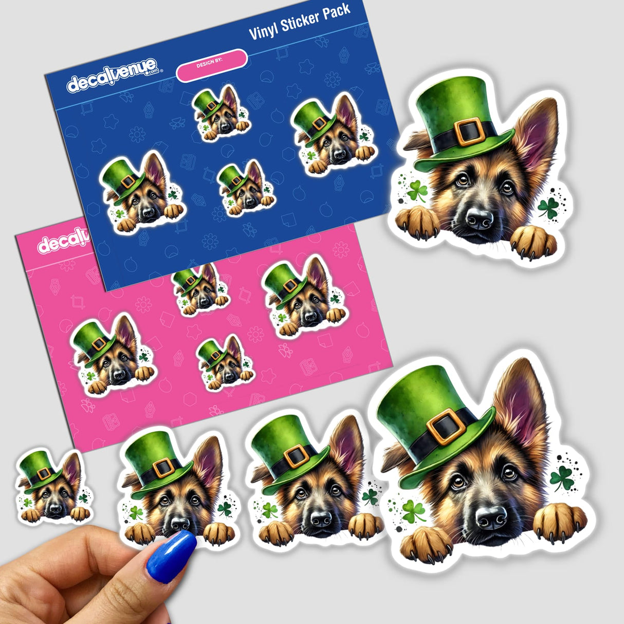 Peeking St Patricks Day German Shepherd Dog sticker featuring a cartoon dog with a green hat, available as unique stickers or digital artwork from Decal Venue.