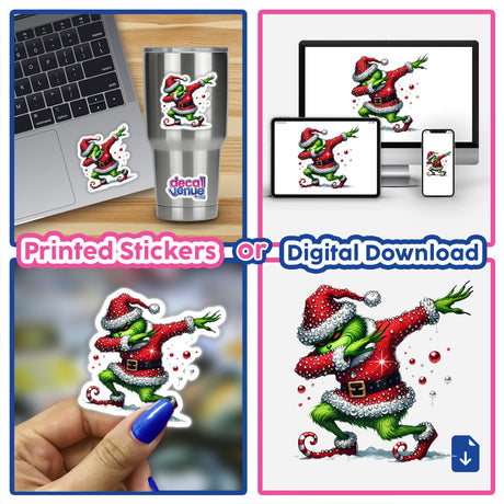 Dabbing Green Grouch in Santa Rhinestone Outfit sticker displayed on a laptop, showcasing a whimsical cartoon character in a festive outfit, available as a sticker or digital artwork.