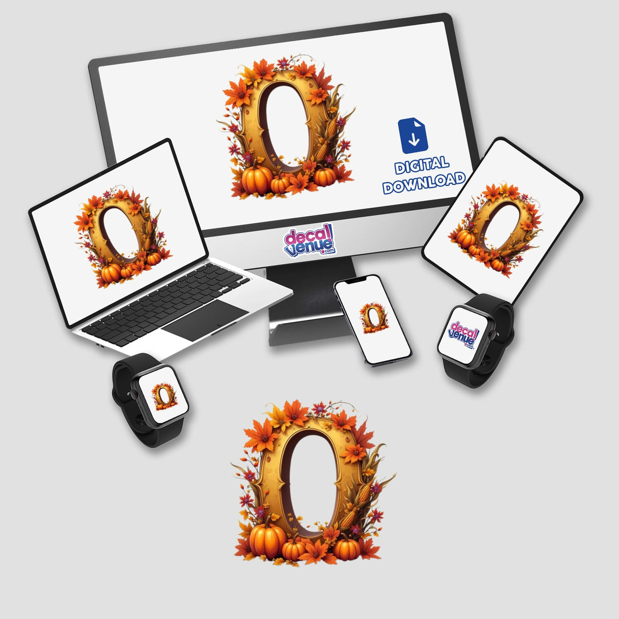 Fall Aesthetic Letter O Clipart | Stickers or Download with Commercial Rights: A laptop and monitor displaying a letter O adorned with pumpkins and leaves. Ideal for seasonal designs.