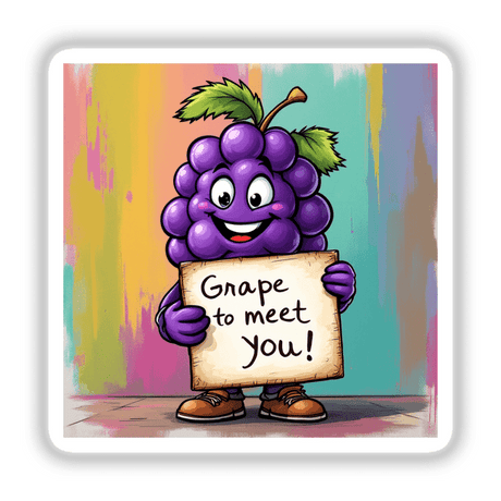 Cartoon grape character holding a sign, part of Grape To Meet You collection, available as stickers or digital artwork from Decal Venue.