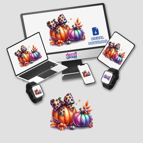 Vibrant autumnal pumpkins with leopard-print bows, surrounded by vibrant fall foliage and accents, featured across various digital devices from the Decal Venue store.