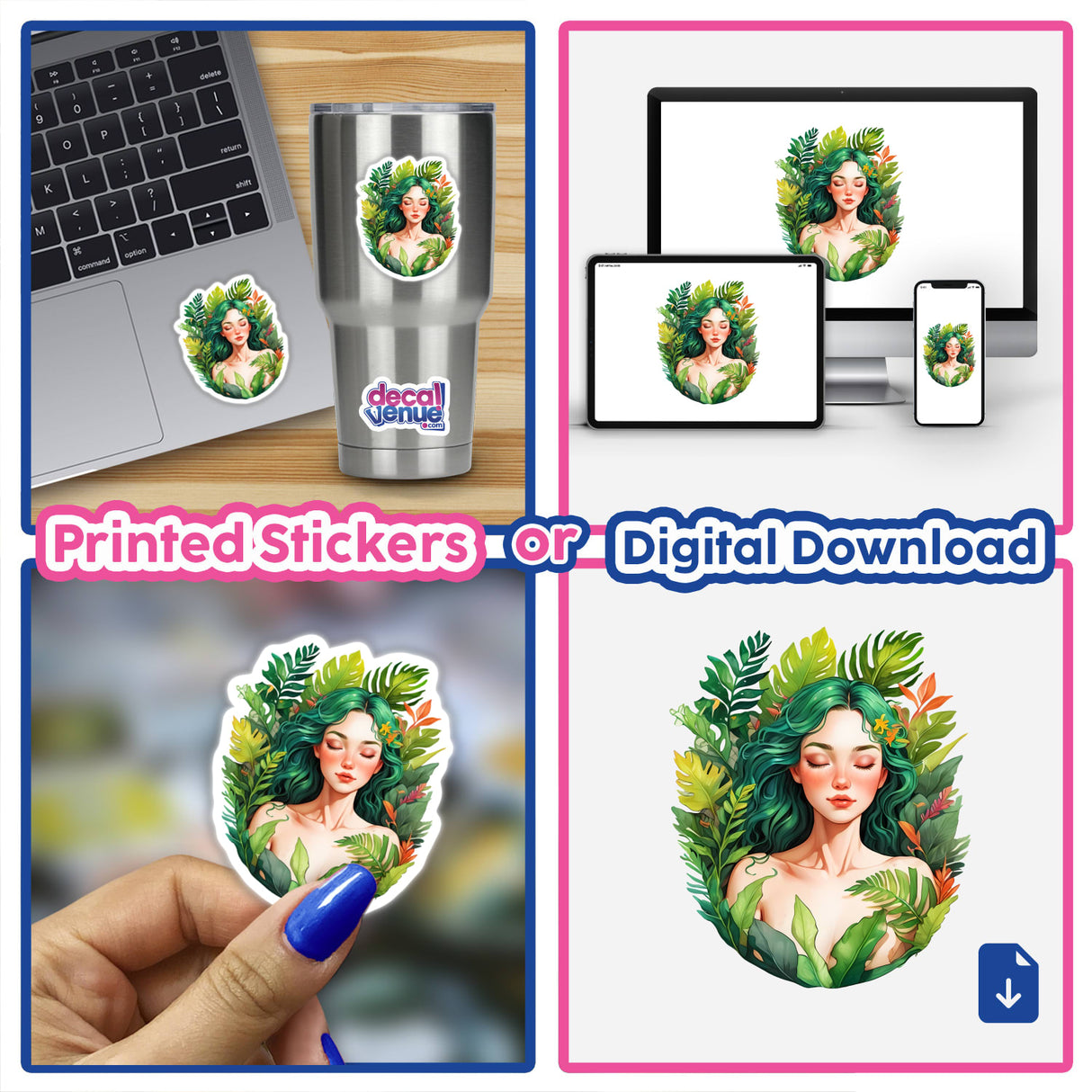 Woman Resting in a Lush Tropical Embrace of Greenery depicted on a laptop sticker, showcasing a serene woman with green hair surrounded by leaves. Available as stickers or digital artwork.