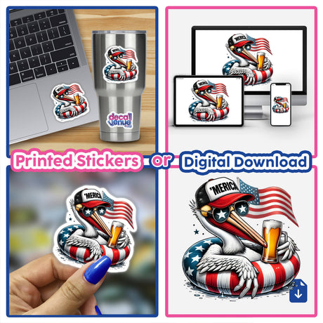 White Pelican American Flag Float Merica sticker featuring a cartoon pelican holding a beer and an American flag, shown on a laptop and in various settings.