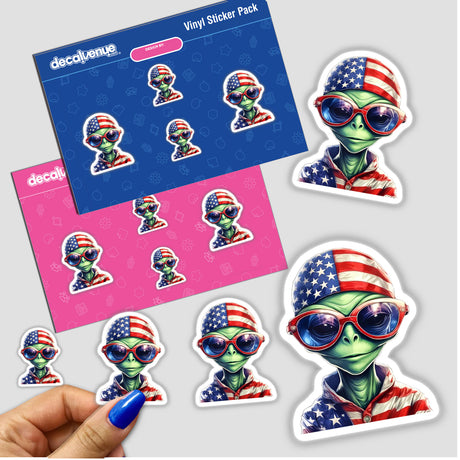 Patriotic alien stickers in American flag colors and patterns, featuring a smiling extraterrestrial character with sunglasses and a star-spangled design.