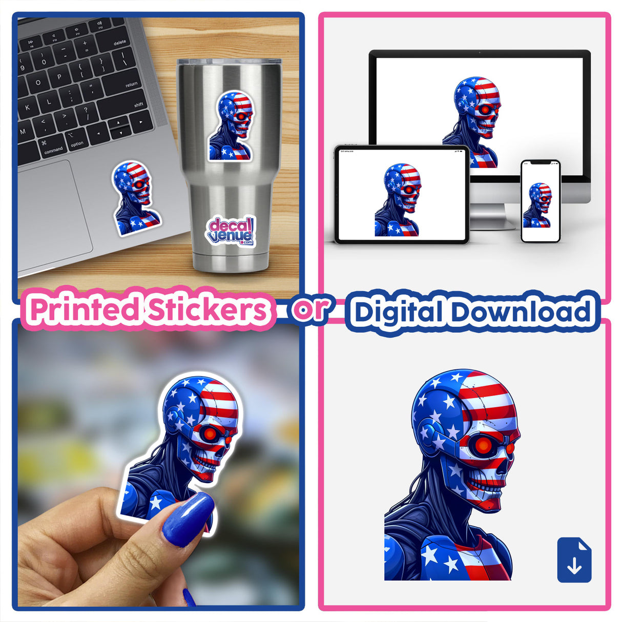 Collage showcasing A Cool American Flag Army Cyborg available as stickers or digital downloads, featuring a cartoon skeleton with a flag design, displayed on various surfaces like laptops and cups.