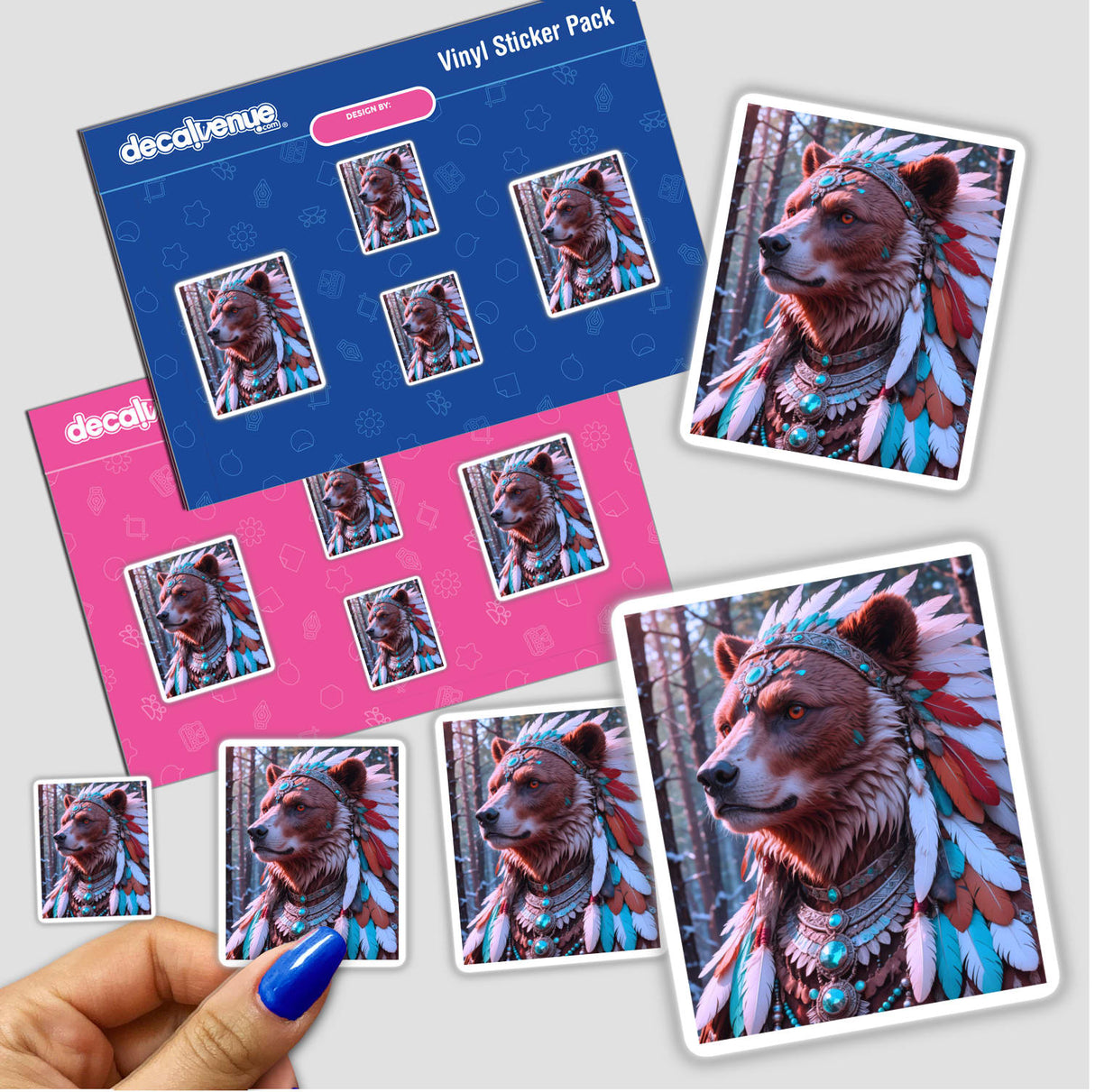 Native American Warrior Bear stickers featuring a brown bear wearing a feather headdress, available as either physical stickers or digital artwork, highlighting unique vinyl designs.