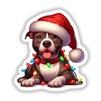 Happy Christmas Santa Pitbull Dog Tangled Lights featured as stickers or digital artwork, showcasing a playful dog wearing a Santa hat, playfully entangled in festive Christmas lights.