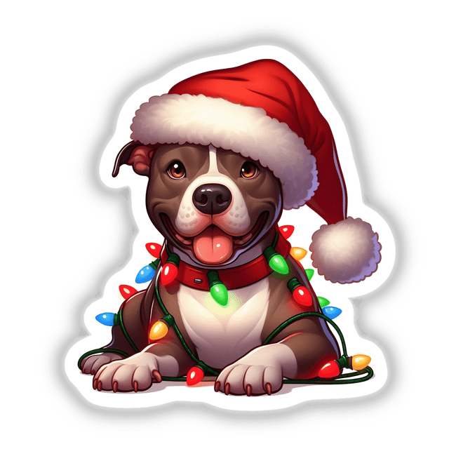 Happy Christmas Santa Pitbull Dog Tangled Lights featured as stickers or digital artwork, showcasing a playful dog wearing a Santa hat, playfully entangled in festive Christmas lights.