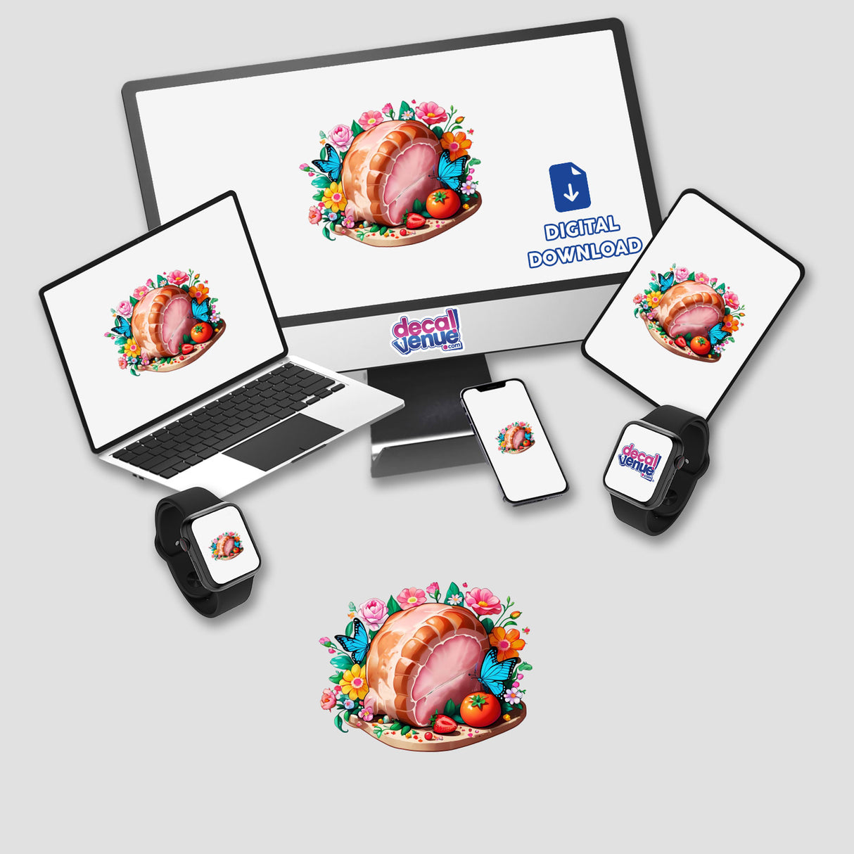 Whimsical Still Life: Ham, Flowers, and Butterflies displayed on various devices including a laptop, tablet, and smartwatch, available as stickers or digital artwork from Decal Venue.