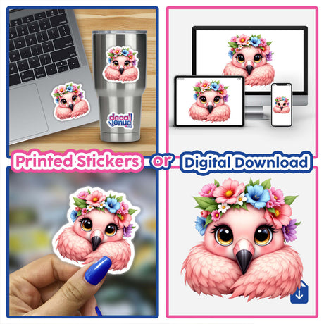 Charming Flamingo with a Flower Crown stickers displayed on a laptop and cup, featuring a cartoon flamingo adorned with flowers, available as unique stickers or digital artwork.