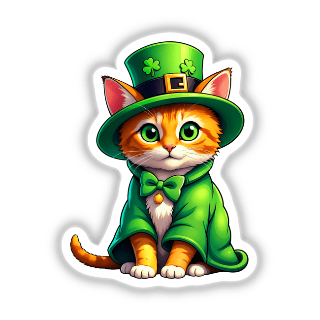 St. Patrick's Day Kitten: A cartoon cat in a green hat and jacket, offering a whimsical touch for stickers or digital artwork from Decal Venue's unique collection.