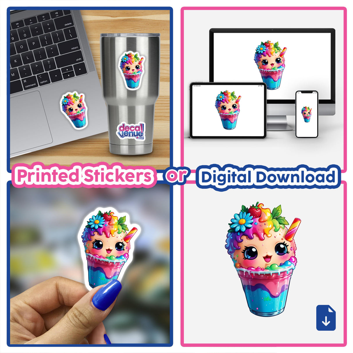 Fruity Fun: Happy Slurpie with Rainbow Floral Splash Sticker featuring a cartoon ice cream cone adorned with flowers, displayed on various items like laptops and cups.