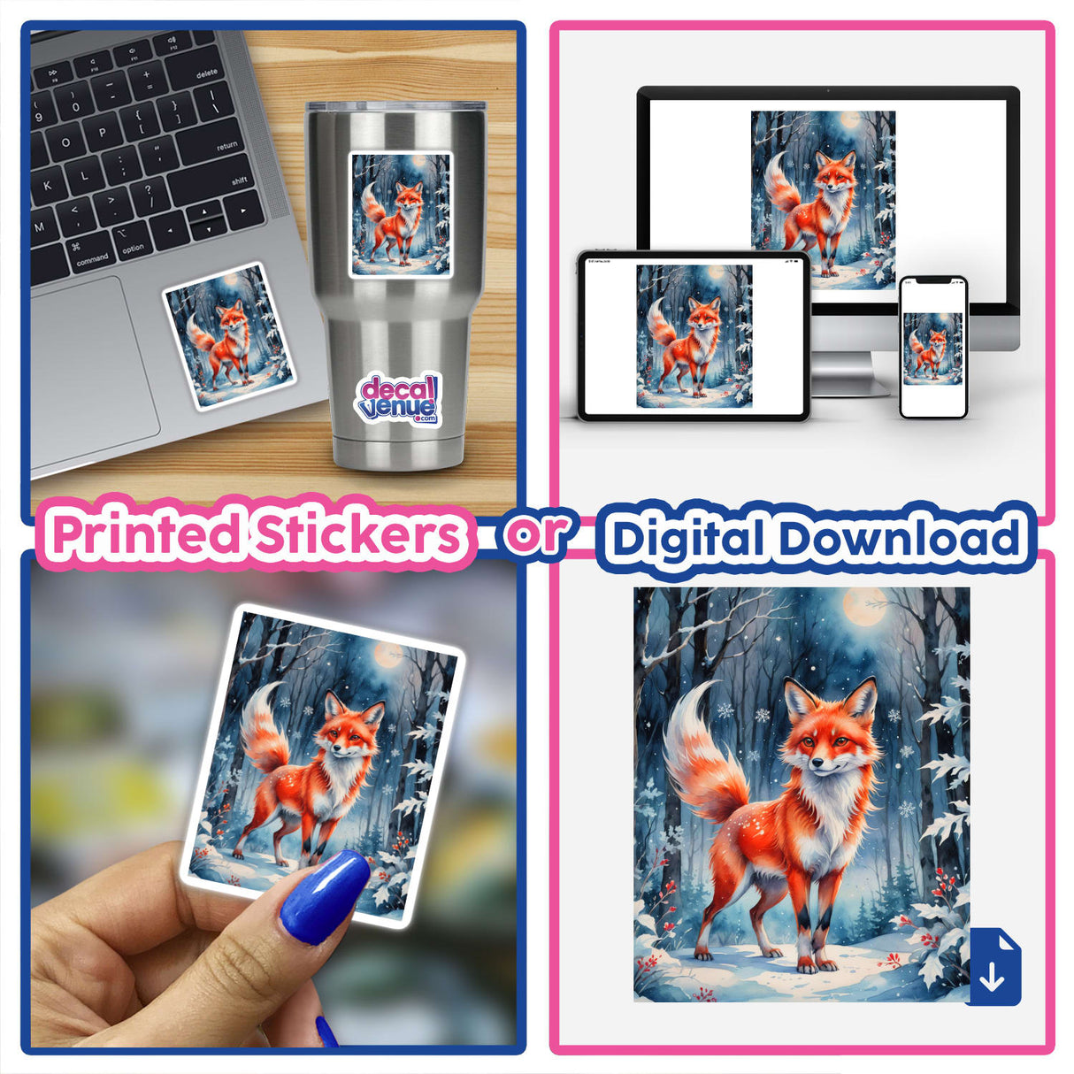 Collage featuring A Red Fox In A Winter Forest as a vinyl sticker on a laptop, alongside digital artwork and a silver mug, emphasizing Decal Venue's unique offerings.