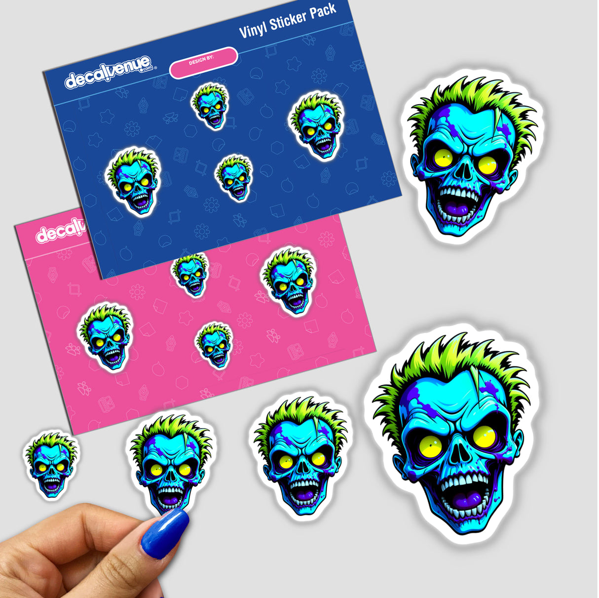 A Cool Neon Punk Zombie Skull sticker featuring a stylized, cartoonish skull design, showcased in a pack held by a hand, ideal for fans of unique vinyl stickers and digital art.